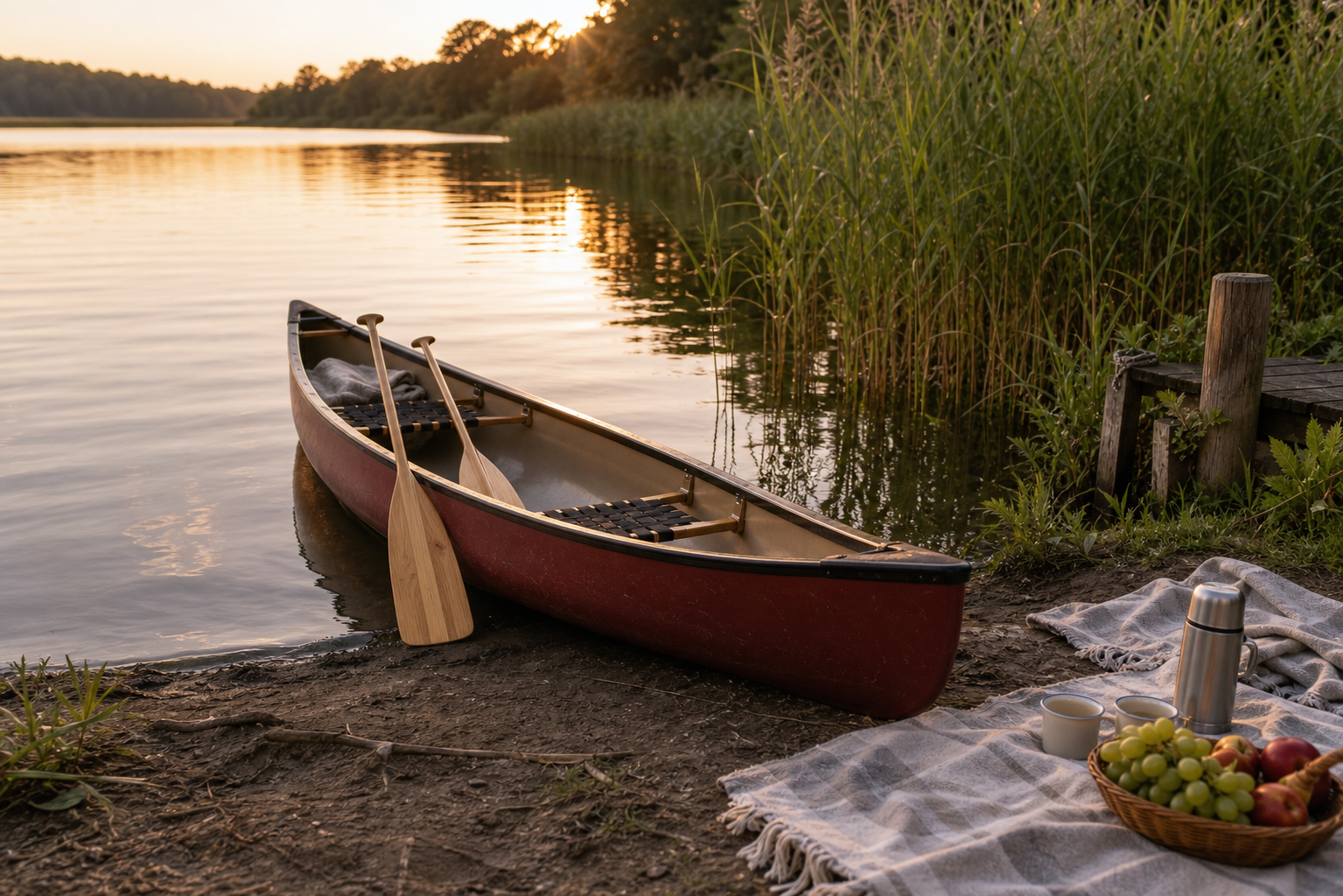 Kanadier und Picknickdecke am Havelufer