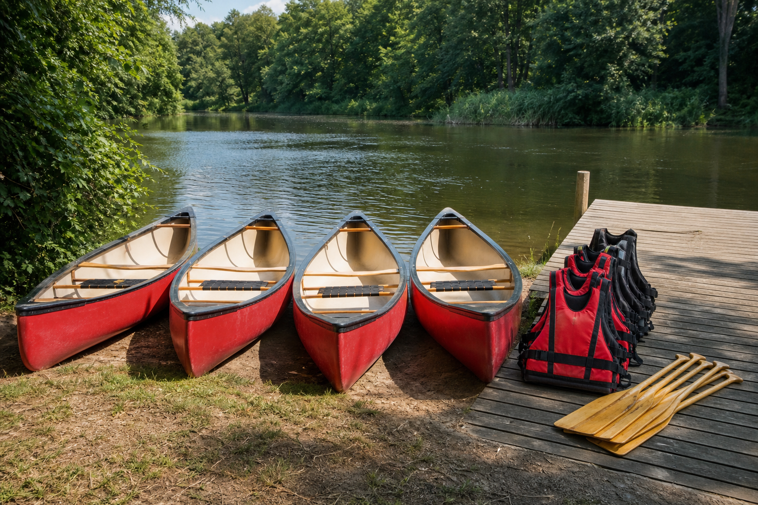 Vier Kanadier mit Paddeln und Schwimmwesten am Havelufer