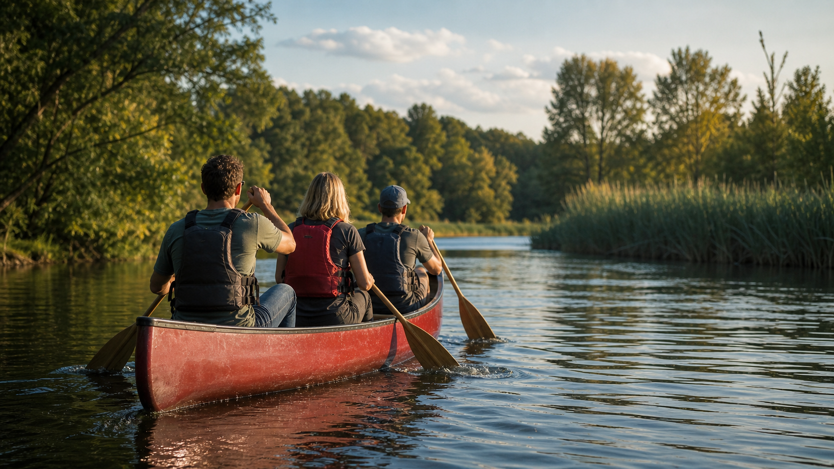 Drei Menschen paddeln im Kanadier auf der Havel